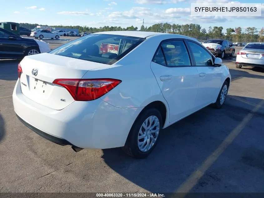 2018 Toyota Corolla Le VIN: 5YFBURHE1JP850163 Lot: 40863320