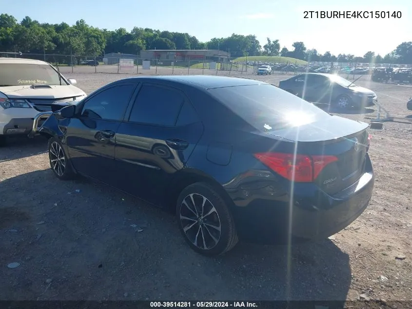 2019 Toyota Corolla Se VIN: 2T1BURHE4KC150140 Lot: 39514281