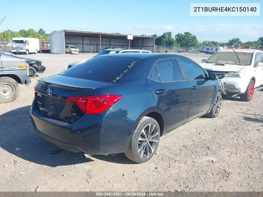 2019 Toyota Corolla Se VIN: 2T1BURHE4KC150140 Lot: 39514281