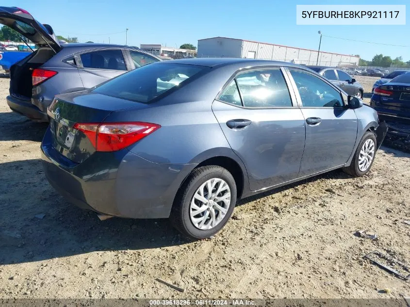 2019 Toyota Corolla Le VIN: 5YFBURHE8KP921117 Lot: 39618296