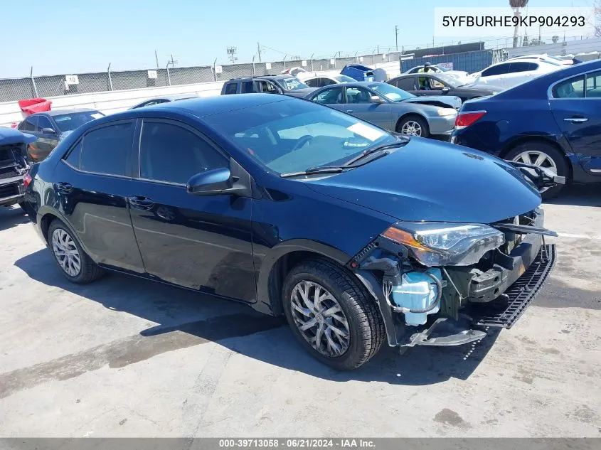 2019 Toyota Corolla Le VIN: 5YFBURHE9KP904293 Lot: 39713058