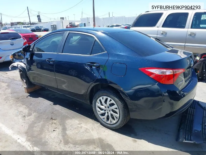 2019 Toyota Corolla Le VIN: 5YFBURHE9KP904293 Lot: 39713058