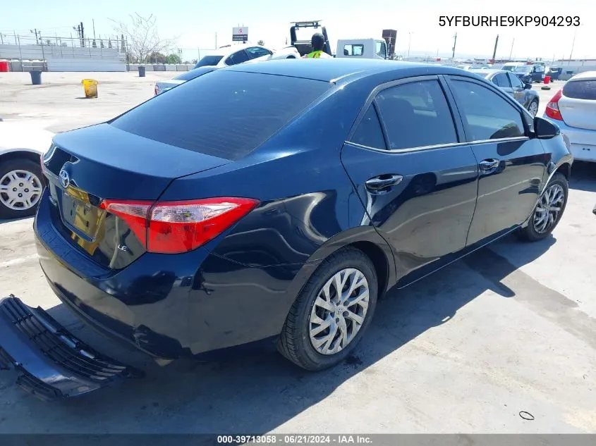 2019 Toyota Corolla Le VIN: 5YFBURHE9KP904293 Lot: 39713058