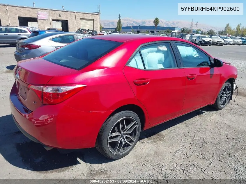 2019 Toyota Corolla Le VIN: 5YFBURHE4KP902600 Lot: 40282153