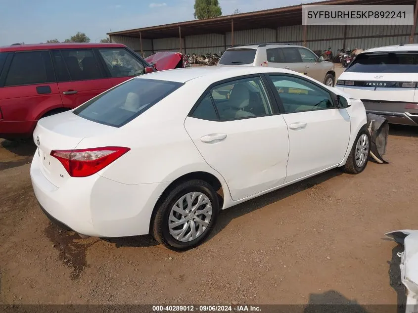 2019 Toyota Corolla Le VIN: 5YFBURHE5KP892241 Lot: 40289012