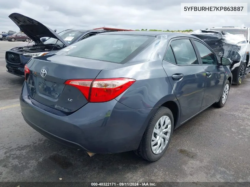 2019 Toyota Corolla Le VIN: 5YFBURHE7KP863887 Lot: 40322171