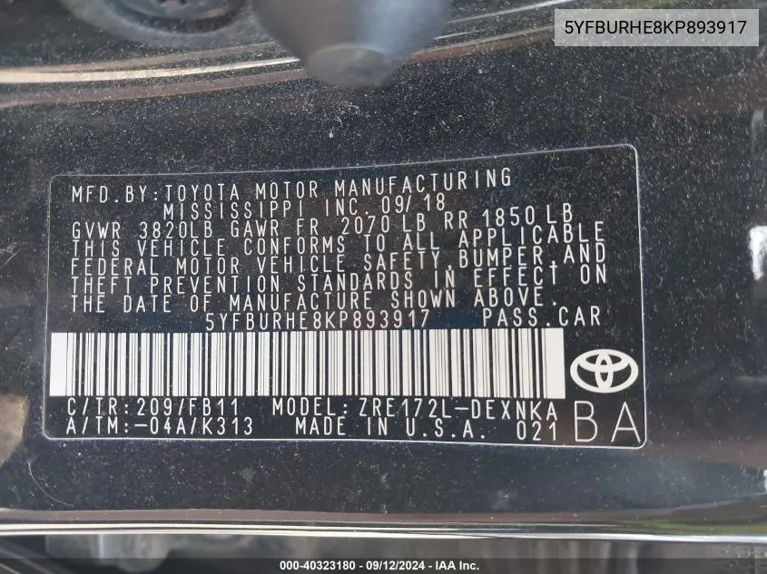 5YFBURHE8KP893917 2019 Toyota Corolla L/Le/Xle/Se/Xse