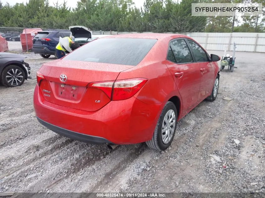 2019 Toyota Corolla Le VIN: 5YFBURHE4KP905254 Lot: 40325474