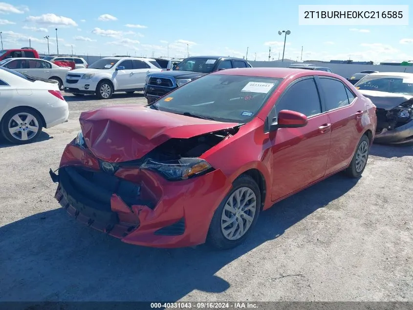 2019 Toyota Corolla Le VIN: 2T1BURHE0KC216585 Lot: 40331043