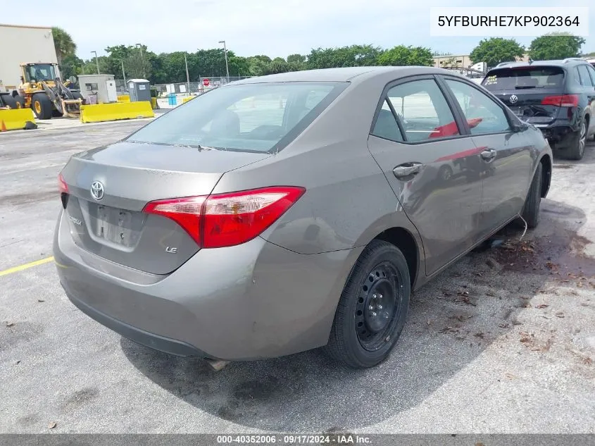 2019 Toyota Corolla Le VIN: 5YFBURHE7KP902364 Lot: 40352006