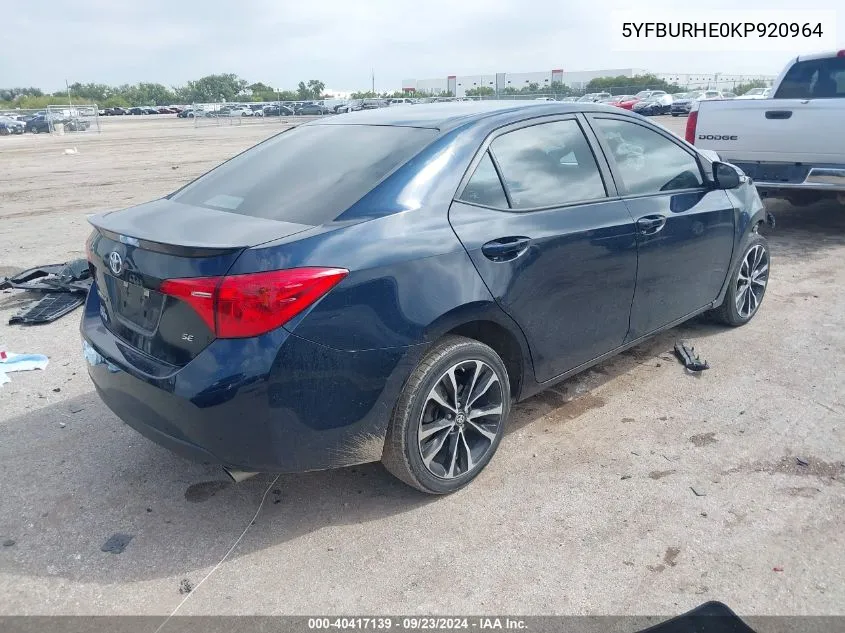 2019 Toyota Corolla Se VIN: 5YFBURHE0KP920964 Lot: 40417139