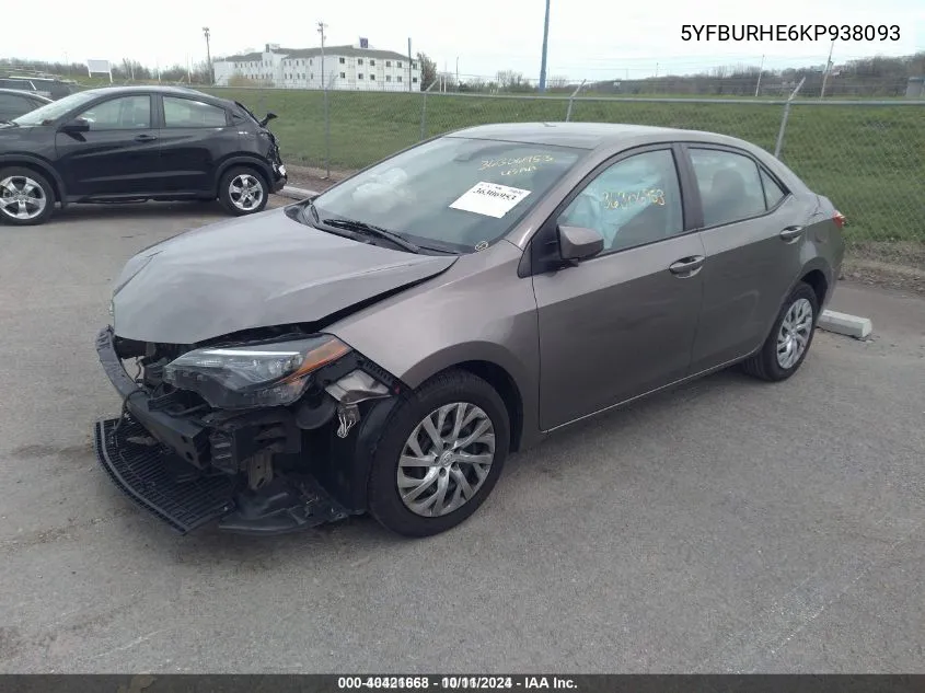 2019 Toyota Corolla Le VIN: 5YFBURHE6KP938093 Lot: 40421668