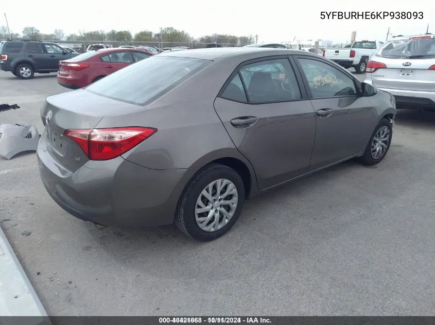 2019 Toyota Corolla Le VIN: 5YFBURHE6KP938093 Lot: 40421668