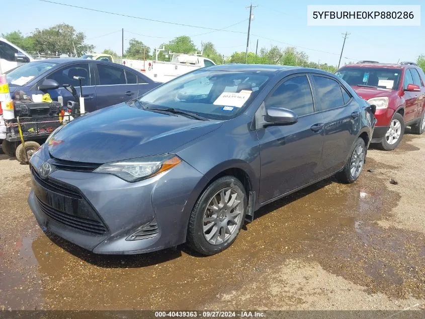 2019 Toyota Corolla Le VIN: 5YFBURHE0KP880286 Lot: 40439363