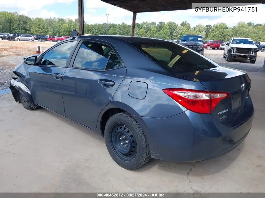 2019 Toyota Corolla Le VIN: 5YFBURHE0KP941751 Lot: 40452872