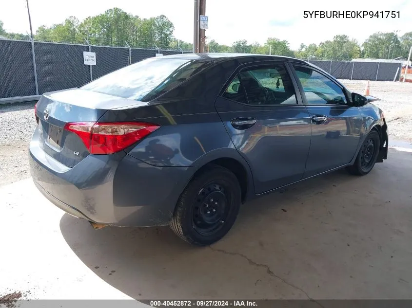 2019 Toyota Corolla Le VIN: 5YFBURHE0KP941751 Lot: 40452872