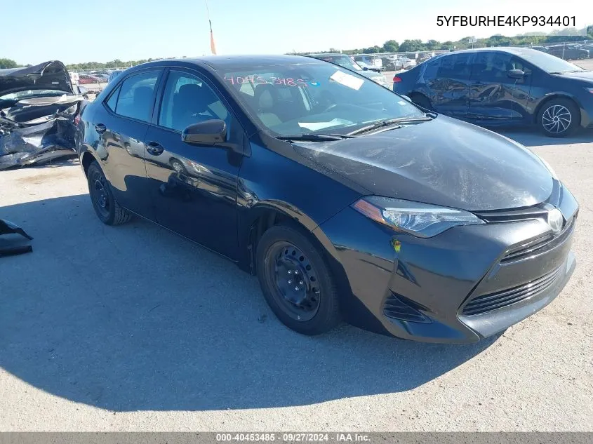 2019 Toyota Corolla Le VIN: 5YFBURHE4KP934401 Lot: 40453485