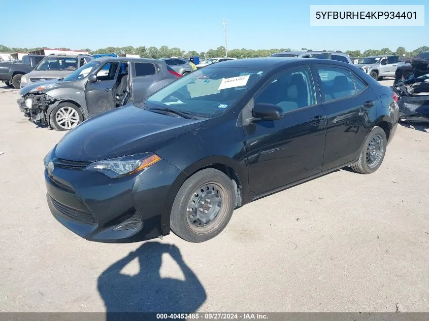 2019 Toyota Corolla Le VIN: 5YFBURHE4KP934401 Lot: 40453485