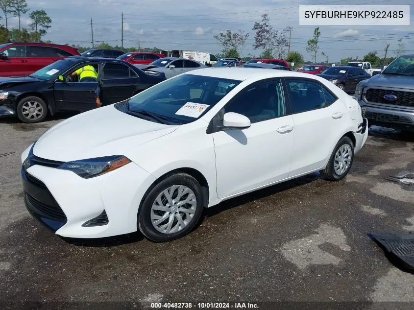 2019 Toyota Corolla L/Le/Xle/Se/Xse VIN: 5YFBURHE9KP922485 Lot: 40482738