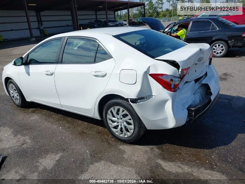 2019 Toyota Corolla L/Le/Xle/Se/Xse VIN: 5YFBURHE9KP922485 Lot: 40482738