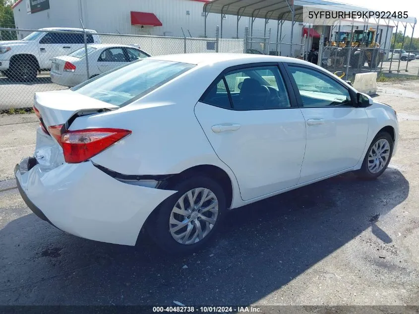 2019 Toyota Corolla L/Le/Xle/Se/Xse VIN: 5YFBURHE9KP922485 Lot: 40482738