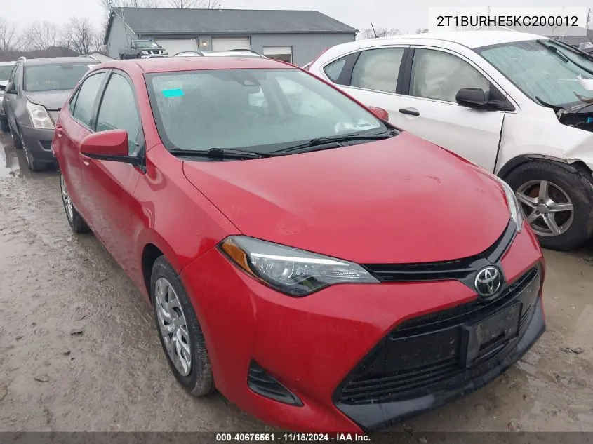 2019 Toyota Corolla Le VIN: 2T1BURHE5KC200012 Lot: 40676561