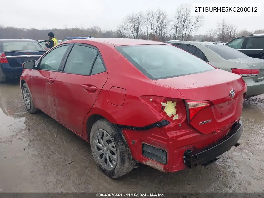 2019 Toyota Corolla Le VIN: 2T1BURHE5KC200012 Lot: 40676561