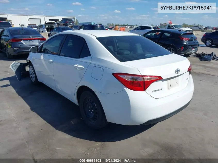 2019 Toyota Corolla Le VIN: 5YFBURHE7KP915941 Lot: 40688103