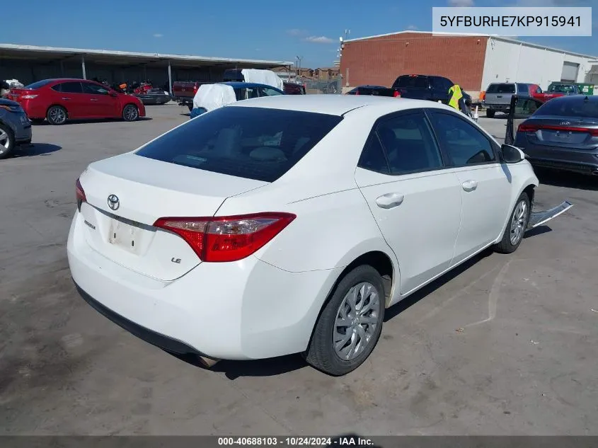 2019 Toyota Corolla Le VIN: 5YFBURHE7KP915941 Lot: 40688103