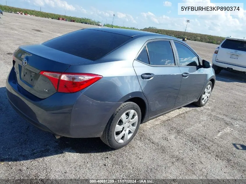 2019 Toyota Corolla Le VIN: 5YFBURHE3KP890374 Lot: 40691259