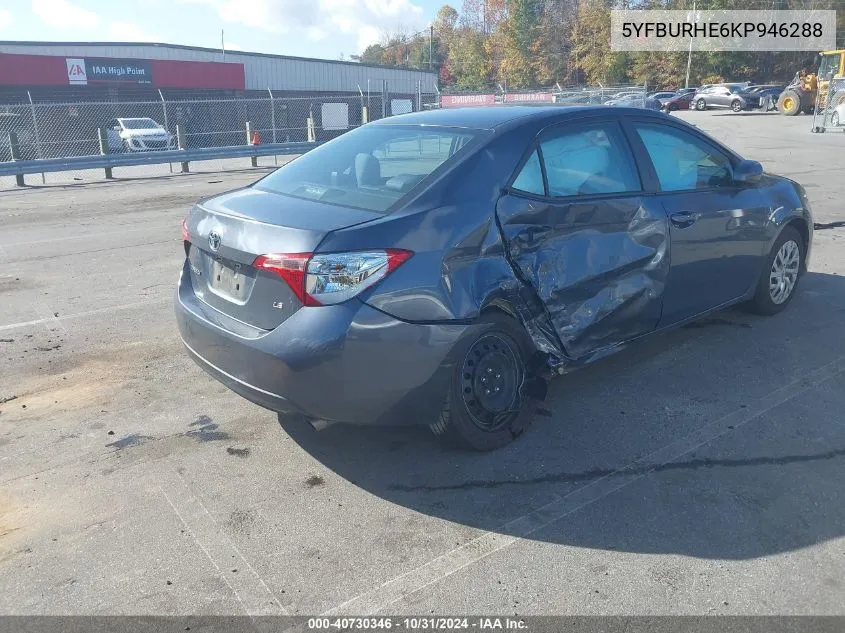 2019 Toyota Corolla Le VIN: 5YFBURHE6KP946288 Lot: 40730346