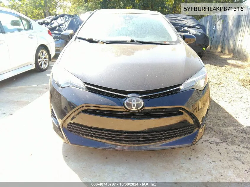 2019 Toyota Corolla Le VIN: 5YFBURHE4KP871316 Lot: 40746797