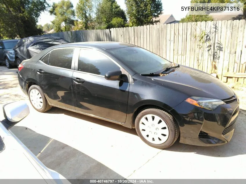 2019 Toyota Corolla Le VIN: 5YFBURHE4KP871316 Lot: 40746797