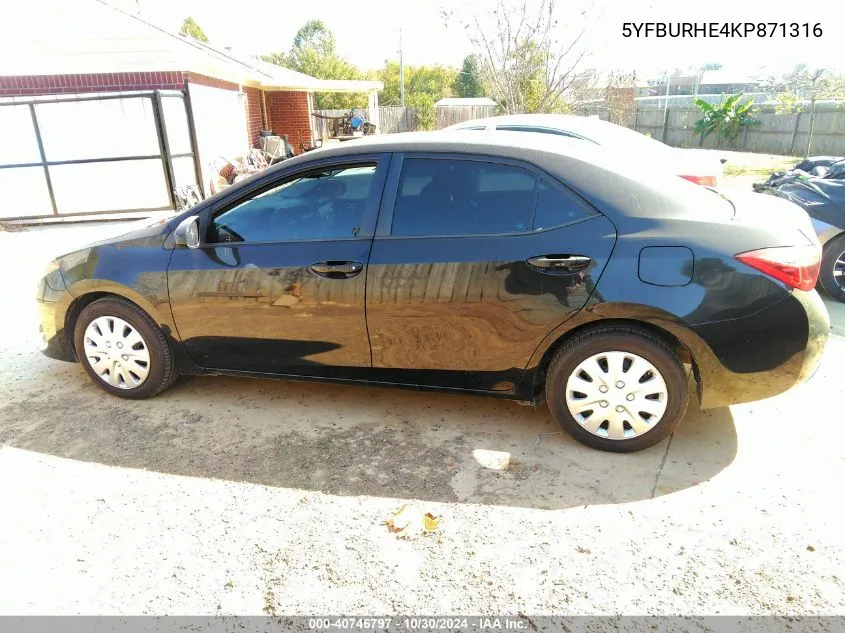 2019 Toyota Corolla Le VIN: 5YFBURHE4KP871316 Lot: 40746797