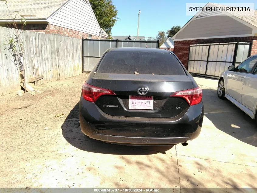 2019 Toyota Corolla Le VIN: 5YFBURHE4KP871316 Lot: 40746797