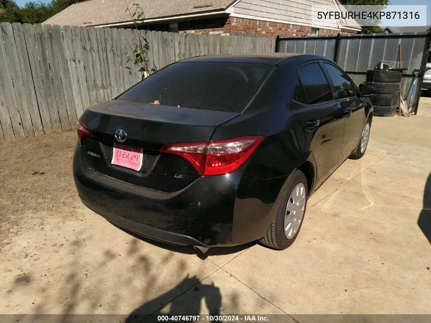 2019 Toyota Corolla Le VIN: 5YFBURHE4KP871316 Lot: 40746797