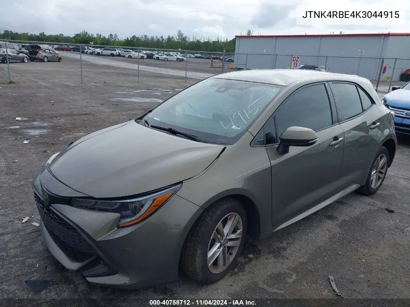 2019 Toyota Corolla Se VIN: JTNK4RBE4K3044915 Lot: 40758712