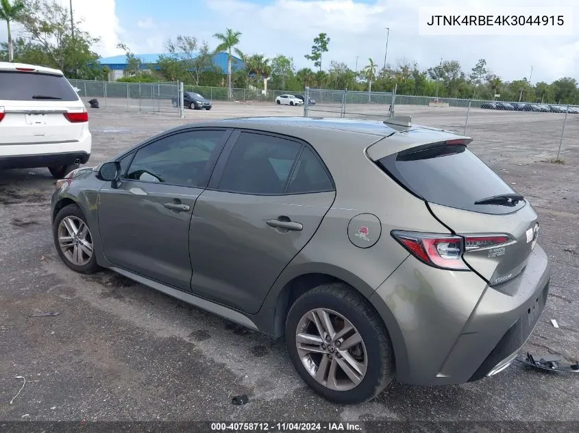 2019 Toyota Corolla Se VIN: JTNK4RBE4K3044915 Lot: 40758712