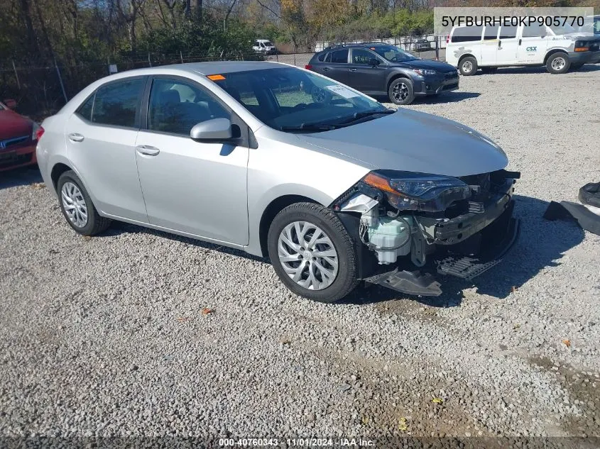 2019 Toyota Corolla Le VIN: 5YFBURHE0KP905770 Lot: 40760343