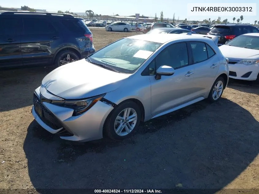 2019 Toyota Corolla Se VIN: JTNK4RBE0K3003312 Lot: 40824524