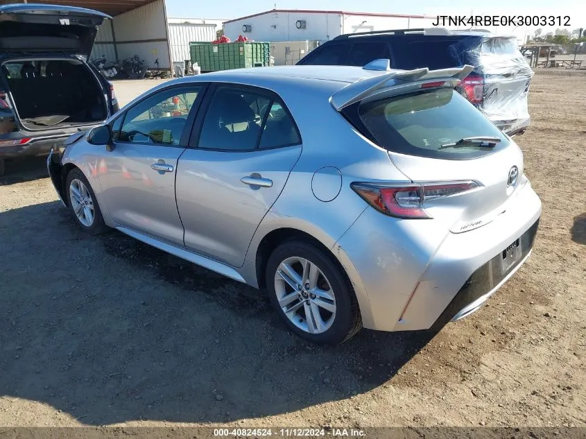 2019 Toyota Corolla Se VIN: JTNK4RBE0K3003312 Lot: 40824524