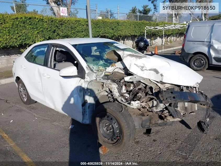 2019 Toyota Corolla Le VIN: 5YFBURHE0KP918650 Lot: 40825839