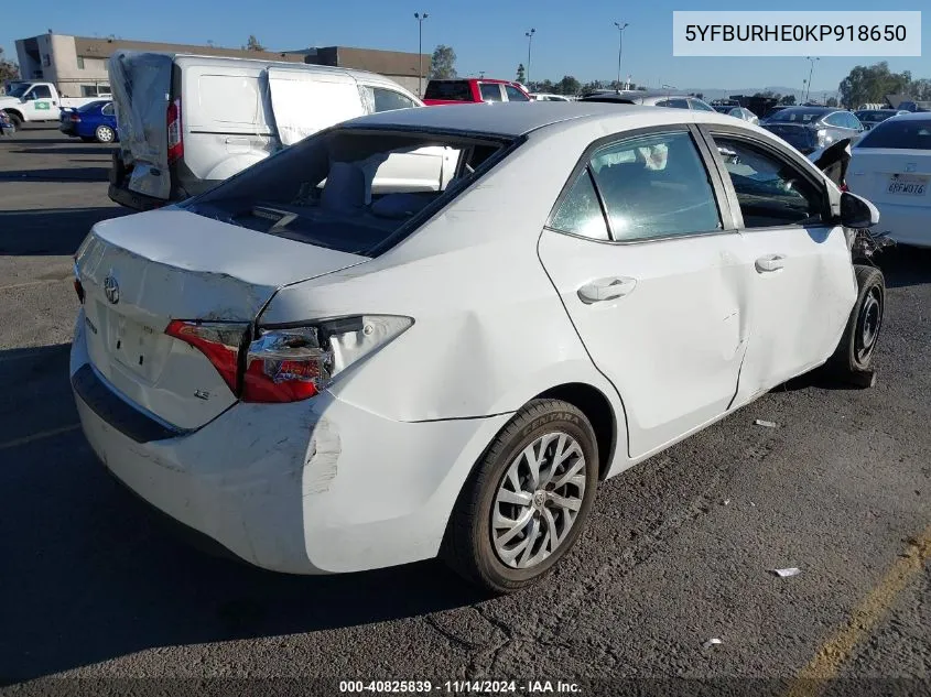 2019 Toyota Corolla Le VIN: 5YFBURHE0KP918650 Lot: 40825839