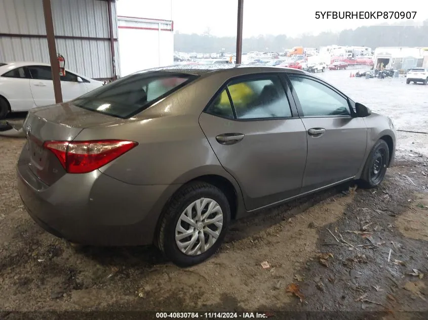 2019 Toyota Corolla Le VIN: 5YFBURHE0KP870907 Lot: 40830784