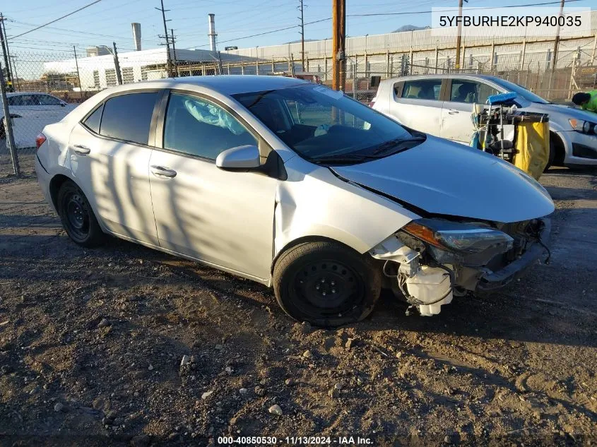 2019 Toyota Corolla Le VIN: 5YFBURHE2KP940035 Lot: 40850530