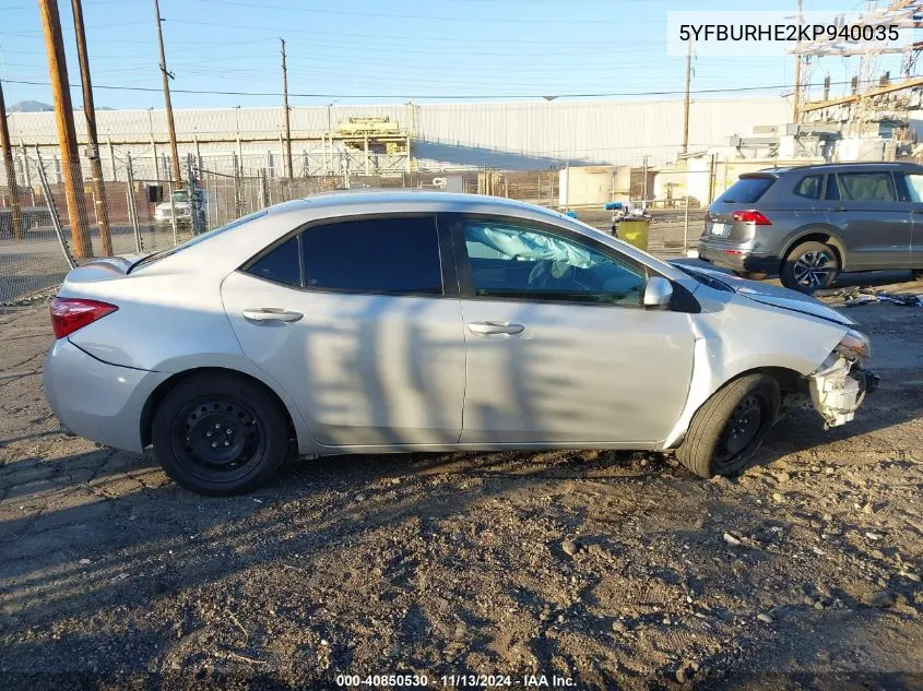 2019 Toyota Corolla Le VIN: 5YFBURHE2KP940035 Lot: 40850530