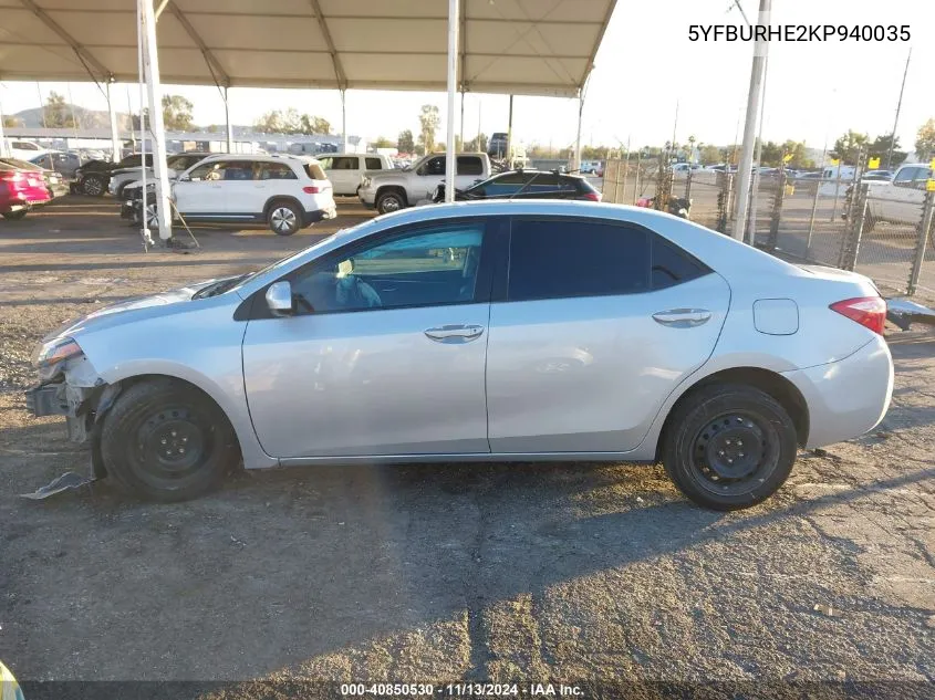 2019 Toyota Corolla Le VIN: 5YFBURHE2KP940035 Lot: 40850530