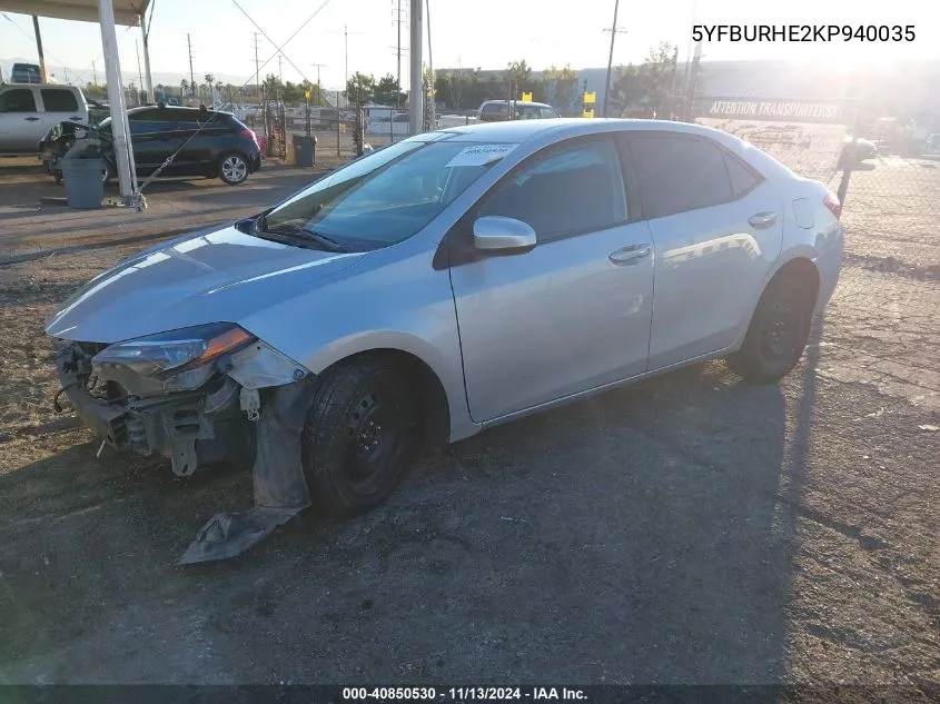 2019 Toyota Corolla Le VIN: 5YFBURHE2KP940035 Lot: 40850530