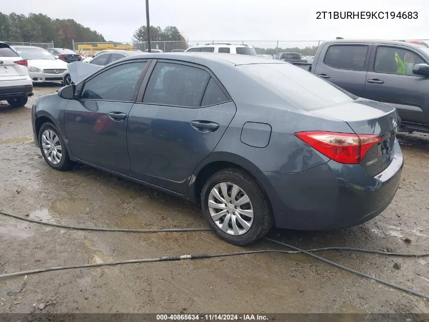 2019 Toyota Corolla Le VIN: 2T1BURHE9KC194683 Lot: 40865634