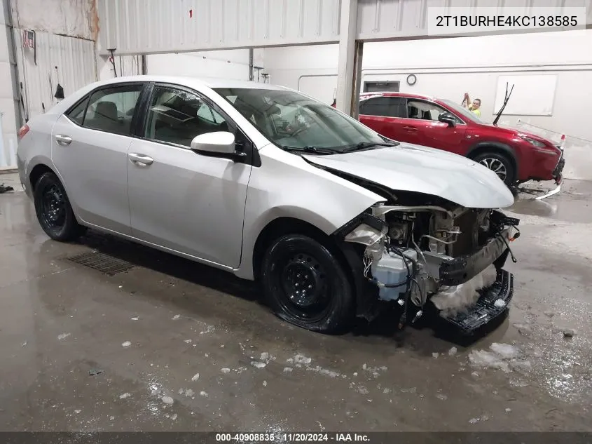 2019 Toyota Corolla Le VIN: 2T1BURHE4KC138585 Lot: 40908835